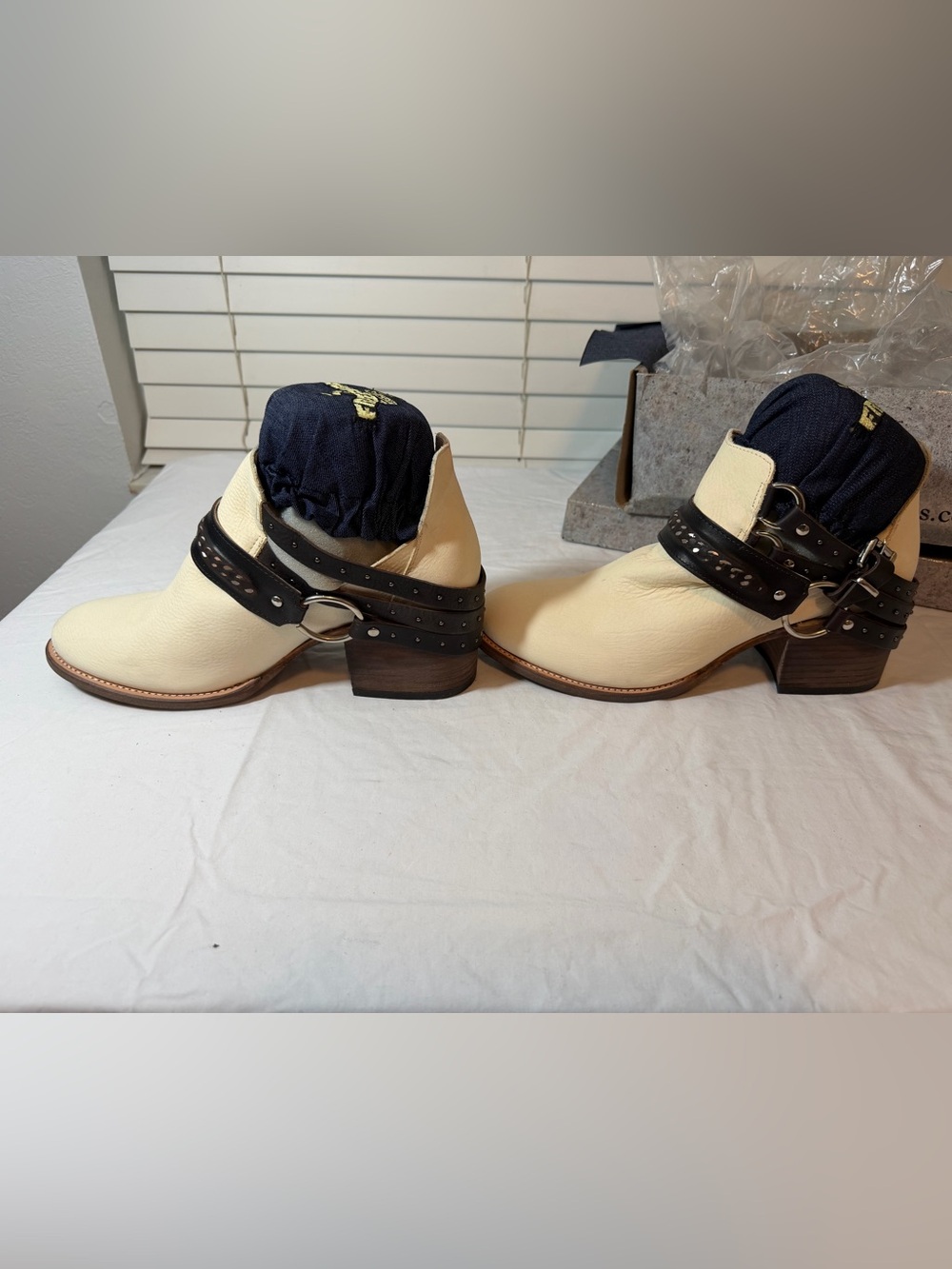 Freebird by Steven Cream Ankle Booties with Black Studded Harness